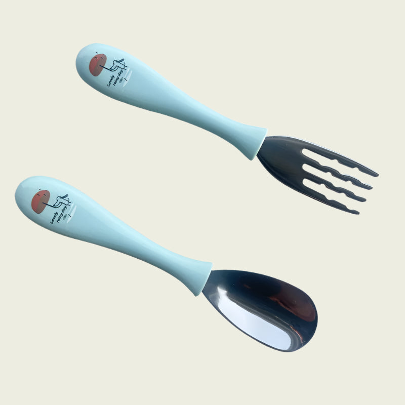 Light blue children's fork and spoon set on a white background