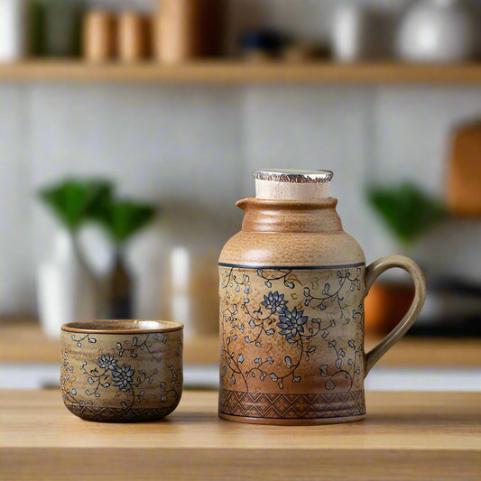 Ceramic teapot and cup with floral patterns on a wooden surface and light gray background